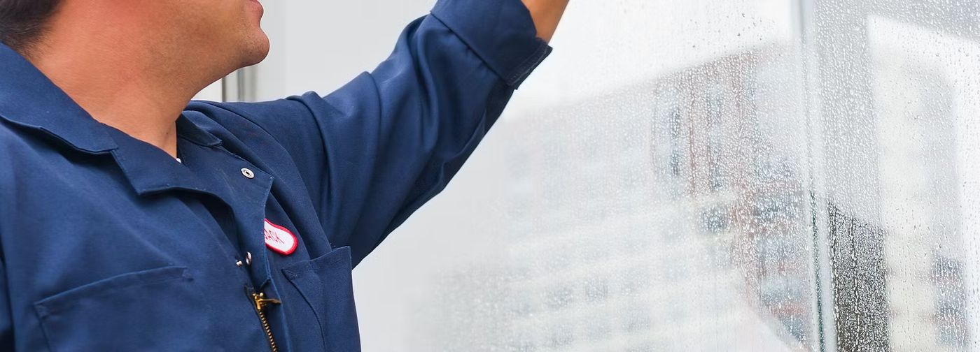 Technician cleaning window close up